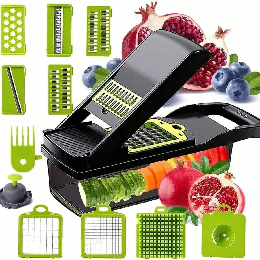 Tritatutto 16 in 1 con 8 lame e contenitore, Tritatutto per verdure e cipolle, Tritatutto multiuso, Tritatutto per frutta e verdura, Tritatutto da cucina, Accessori da cucina, Tritatutto e affettatrice per cipolle, Tritatutto per patate