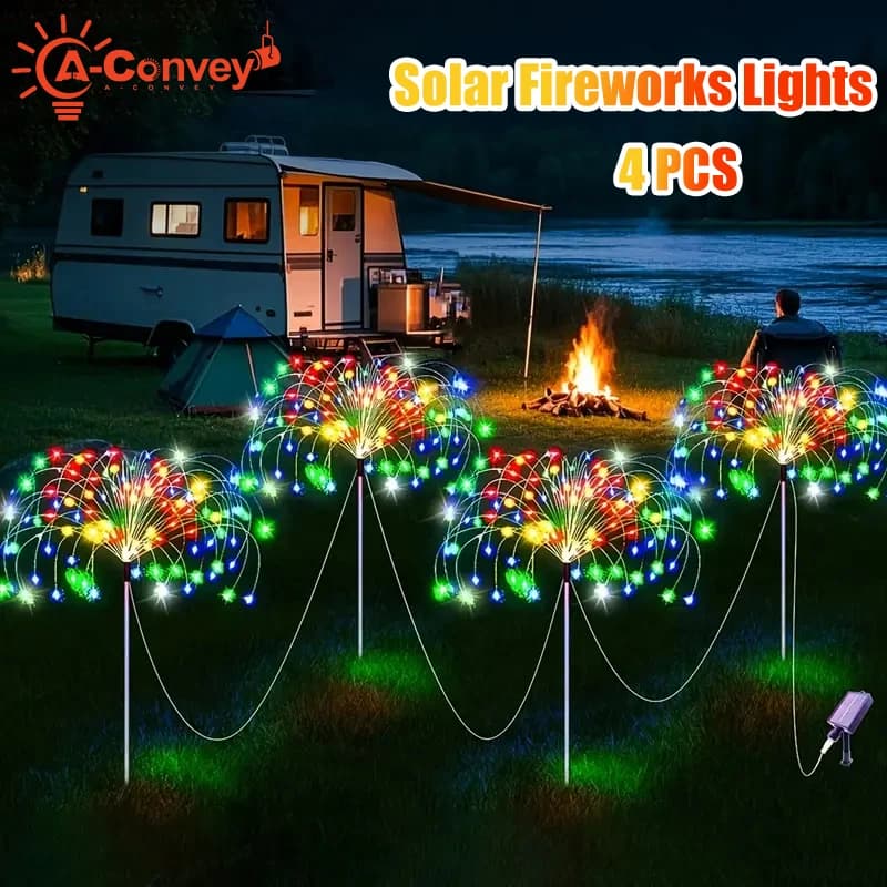Luci Solari a LED a Forma di Fuochi d'Artificio, 8 Modalità di Illuminazione, Impermeabili, Fai-da-Te, Decorative per Esterni, Giardini, Prati e Matrimoni