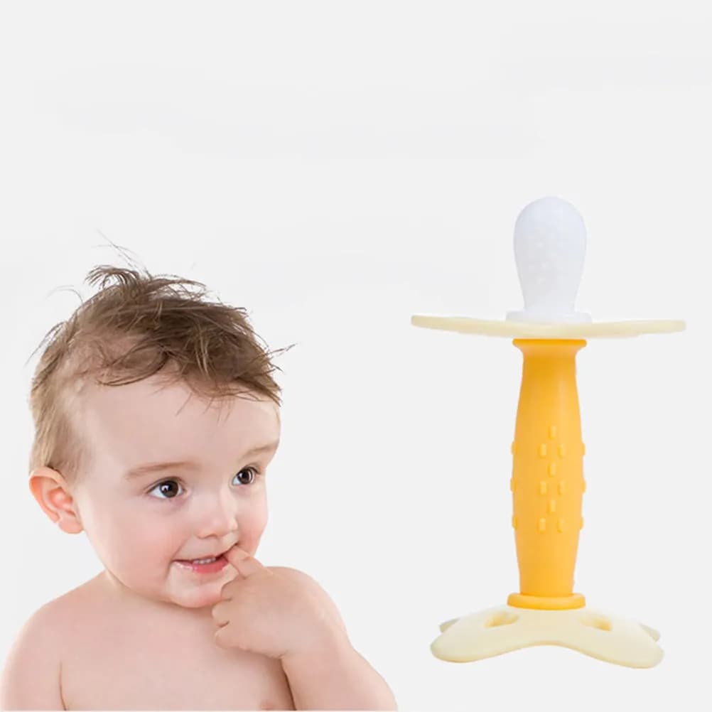 Massaggiagengive in silicone giallo per neonati, design sicuro anti-soffocamento, colori vivaci, stimolano la vista, alleviano il dolore da dentizione, favoriscono la crescita dei molari