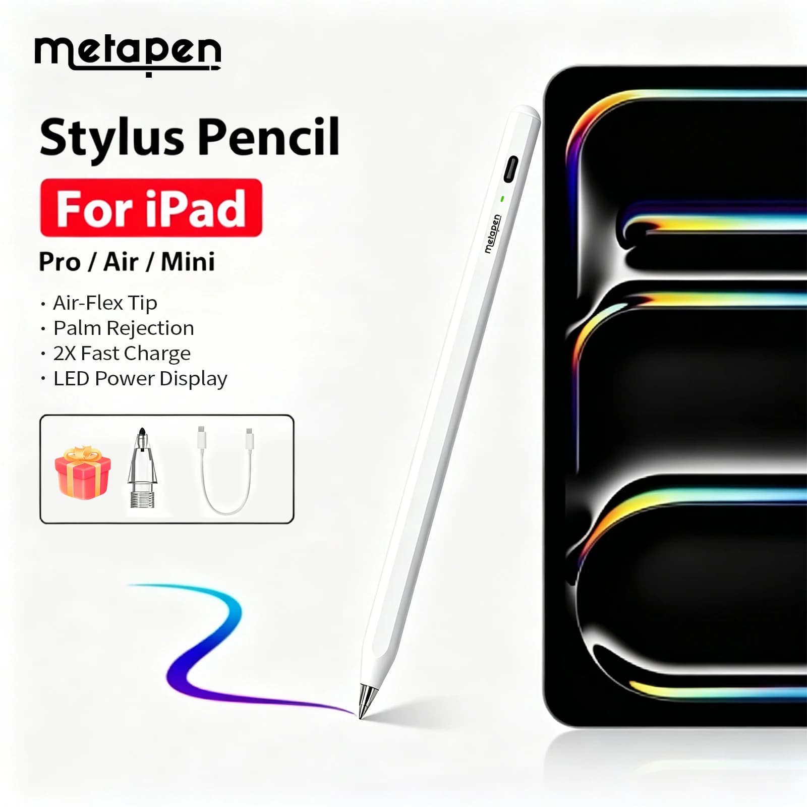 MetaPen Air-Flex Air8 Pro for iPad Pencil 2018-2026, Palm Rejection Stylus for iPad A16/11/10/9/8/7/6th, M5 Air 3/4/5 Mini 5/6th