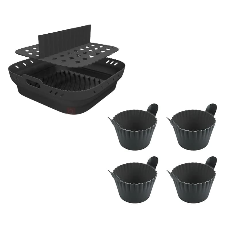 BPA Free Air Frying Silicone Basket Plate with 4 Cups for Eggs Foldable Air Fryer 8,5 Inch with Silicone Baking Cups