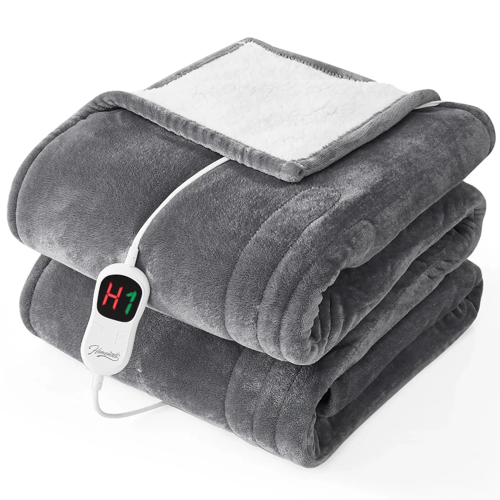 Electric heated double size 62"x84", 10 heat settings and automatic shutdown, ultra soft flannel, ETL certified, grey