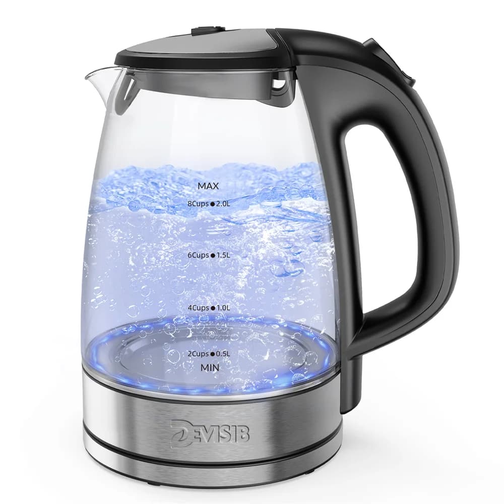 Bollitore Elettrico DEVISIB 2200W 2L Grande Capacità con Indicatore LED, Filtro Rimovibile, Corpo in Vetro, Ideale per Caffè, Tè e Acqua Calda