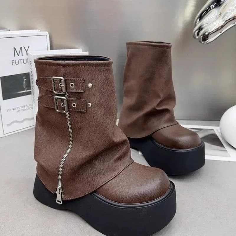 Hot Girl Style Black Brown Round Toe Platform Boots Women's High Knee Boots Belt Buckle Slip on Design Side Hinge Horseback Boots