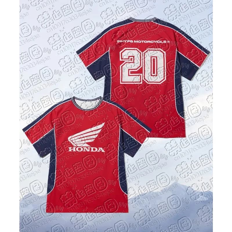 MOTO Honda # 20 Color Block Jersey Style Football Red Race Mesh Short sleeve Biker Streetwear Moto Tee Top from fashionable riding