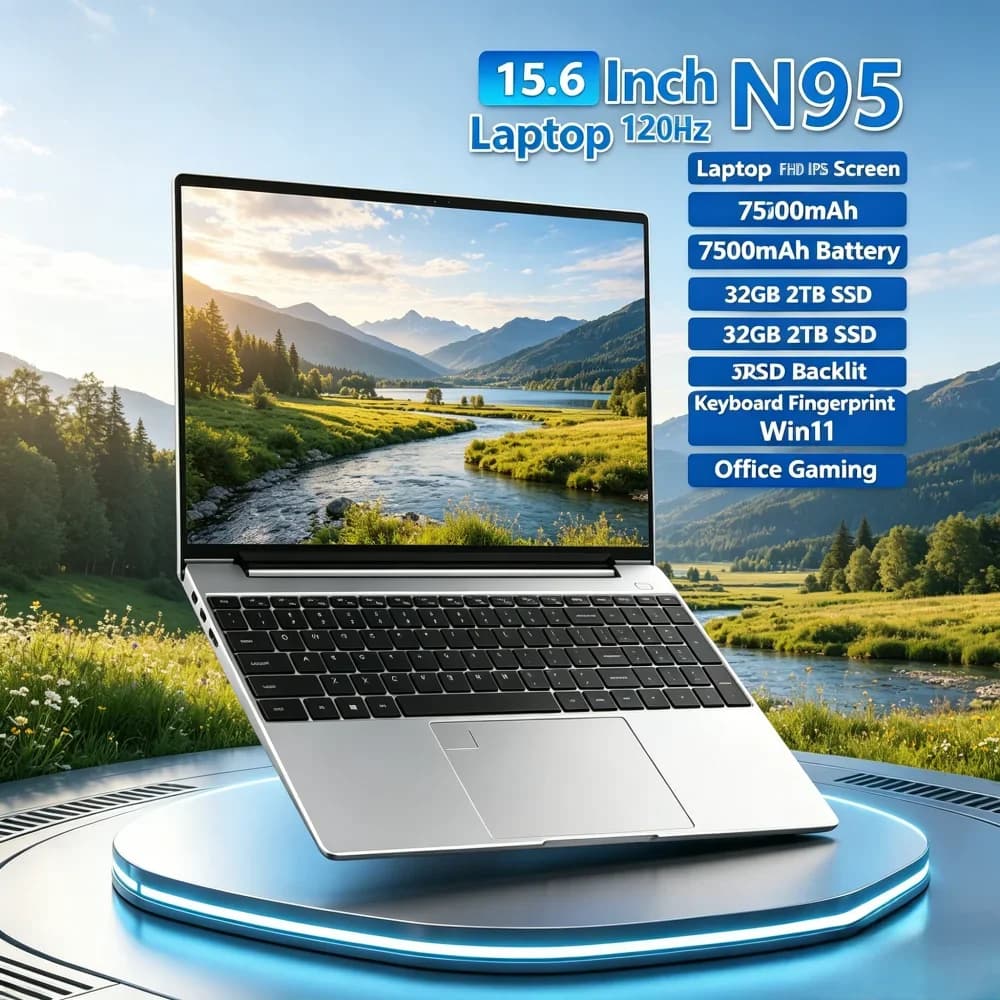 Laptop N95 da 15,6 Pollici con Schermo IPS FHD 120Hz, Batteria da 7500mAh, 32GB RAM, SSD da 2TB, Tastiera Retroilluminata, Lettore di Impronte Digitali, Windows 11, Office, Notebook per Gaming