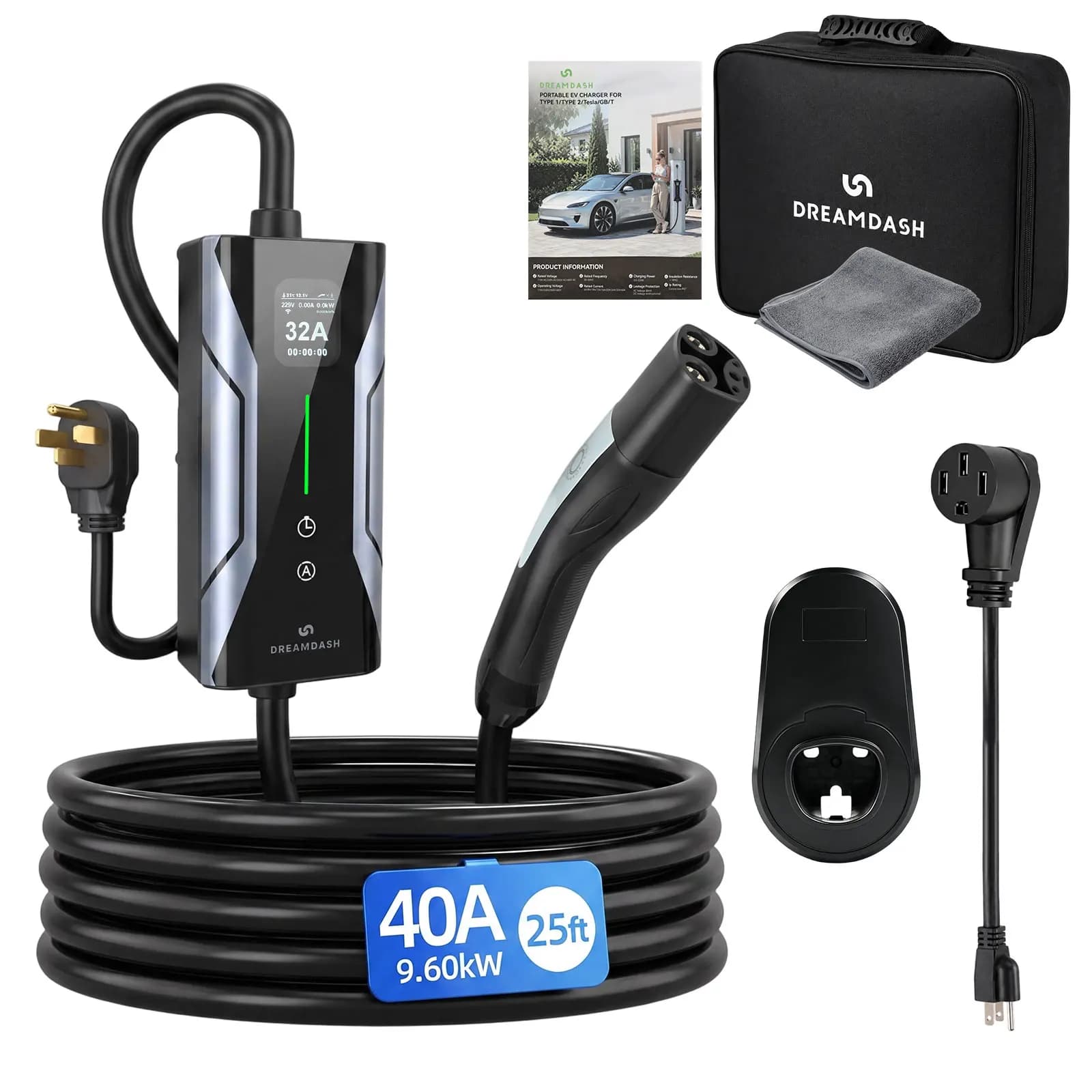 40A 9.6kW Portable EV Charger NACS Tesla Charging Cable Level 1 Level 2 Adjustable Current Delay Timer NEMA 5-15P Adapter for Tesla Model 3 Y S X Cybertruck Travel Backup Charger