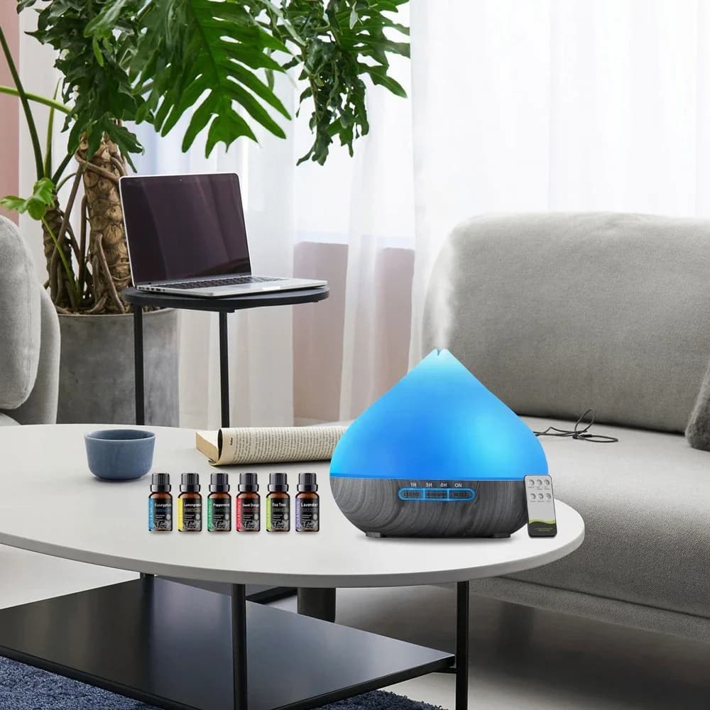 Diffusore di oli essenziali da 500 ml con telecomando, umidificatore ad ultrasuoni, luce LED multicolore, include 6 oli per aromaterapia