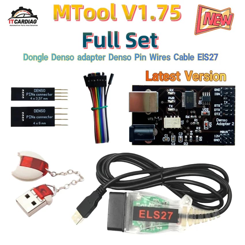 NEW! MTool V1.75 Mileage KM Adjustment Correction Tool Read/Write Full Set Dongle Denso Adapter Denso Pin ElS27 Wires Cable