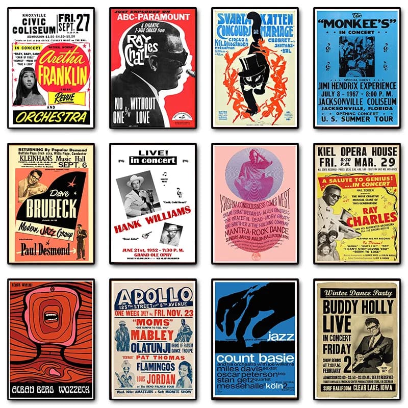 Vintage French Music Venue Poster Jazz Artists Reprints Country Concert Canvas Painting Wall Art Pictures Home Club Pub Decor