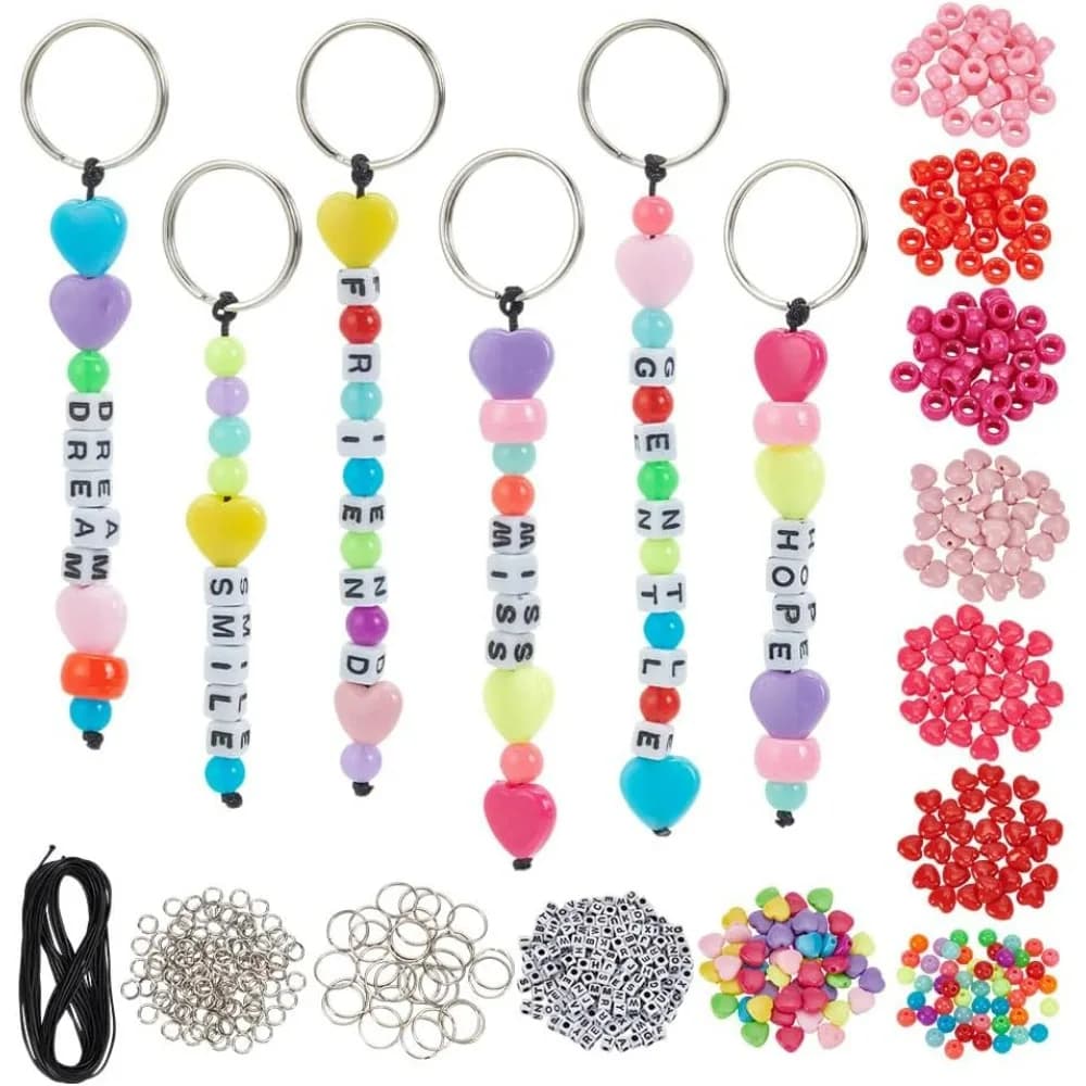 Kit per la creazione di portachiavi con perline da 610 pezzi, portachiavi con perline rotonde in acrilico a forma di cuore rosso e cavo in poliestere per kit di creazione fai-da-te