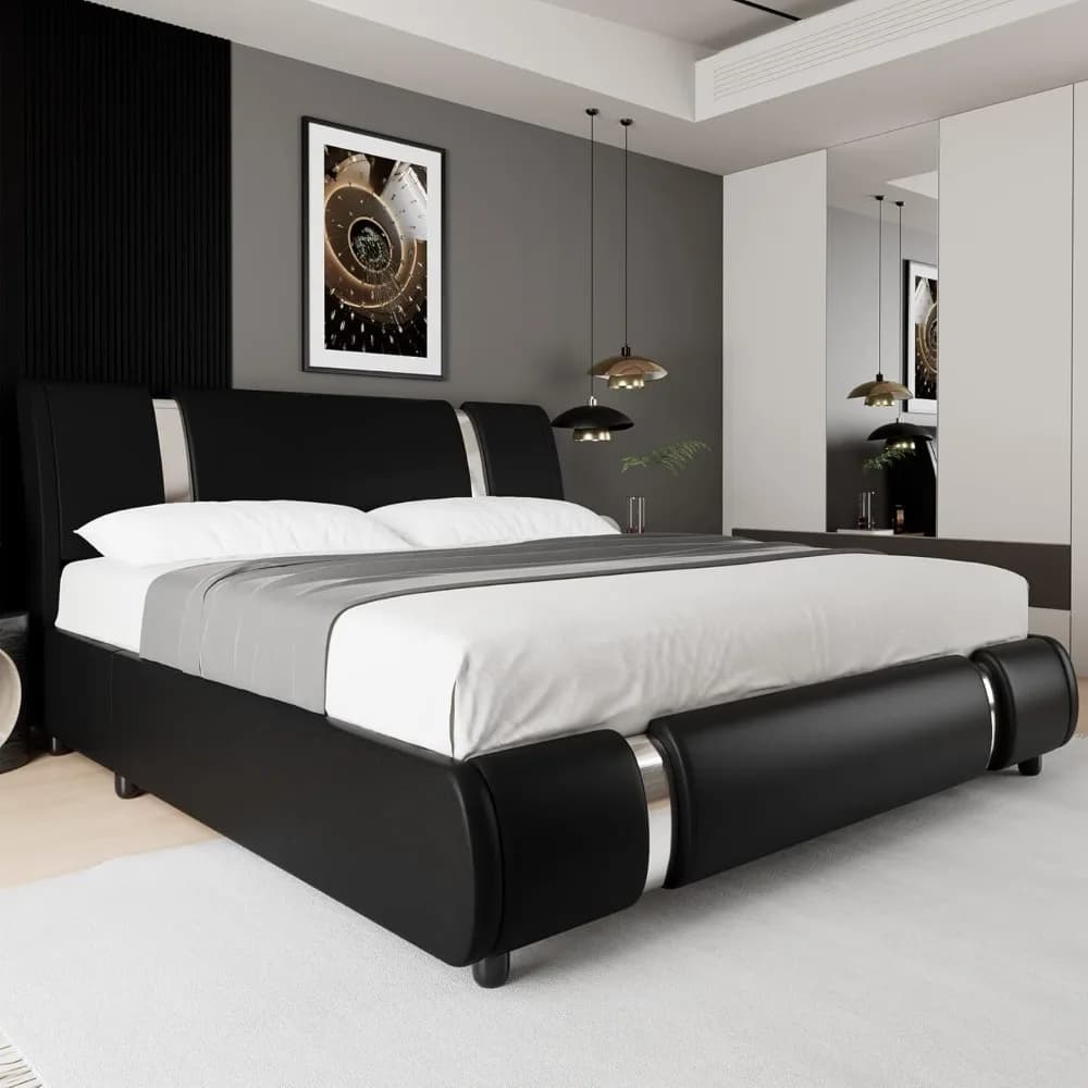 Struttura letto moderna con piattaforma imbottita in ecopelle con decorazione in metallo ferro, testiera curva regolabile, supporto a doghe in legno