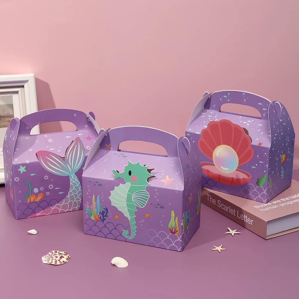 6 pcs Gift Paper Bags Mermaid Ocean Beaded Sirentail Biscuit Packing Box Candy For Kids Birthday Party Supply Baby Shower