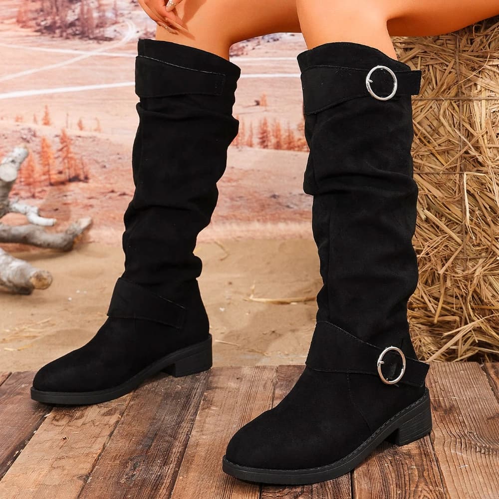 Women's Long Boots With Belt Clasp Fashionable Round Toe Knee Thick Heels Slimming Long sexy boots for women