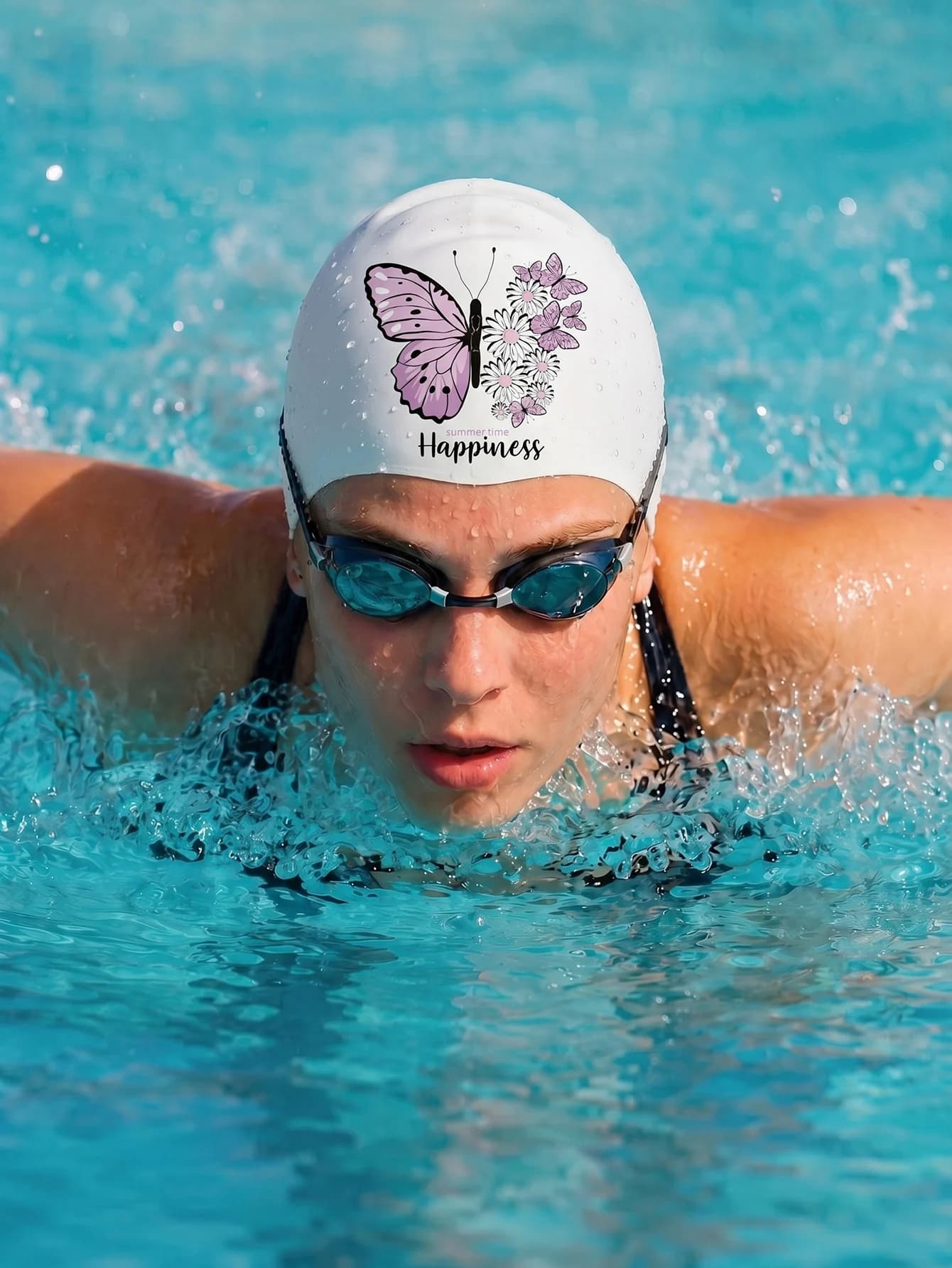 Adult silicone swimming cap with butterfly print waterproof, anti slip, high elasticity, suitable for both men and women