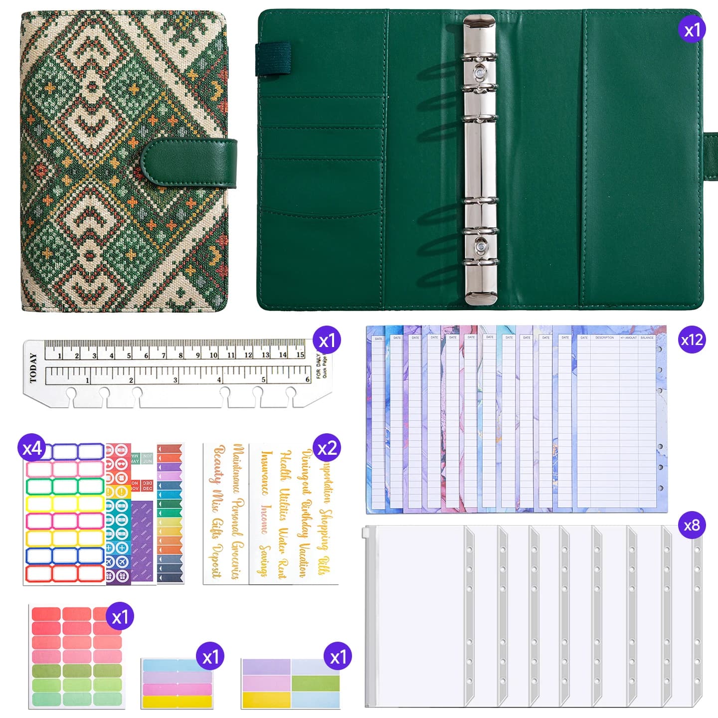 Set di Agende A6 con Copertina in Tessuto Retrò, Pianificatore Finanziario con Tasche in Plastica e Buste