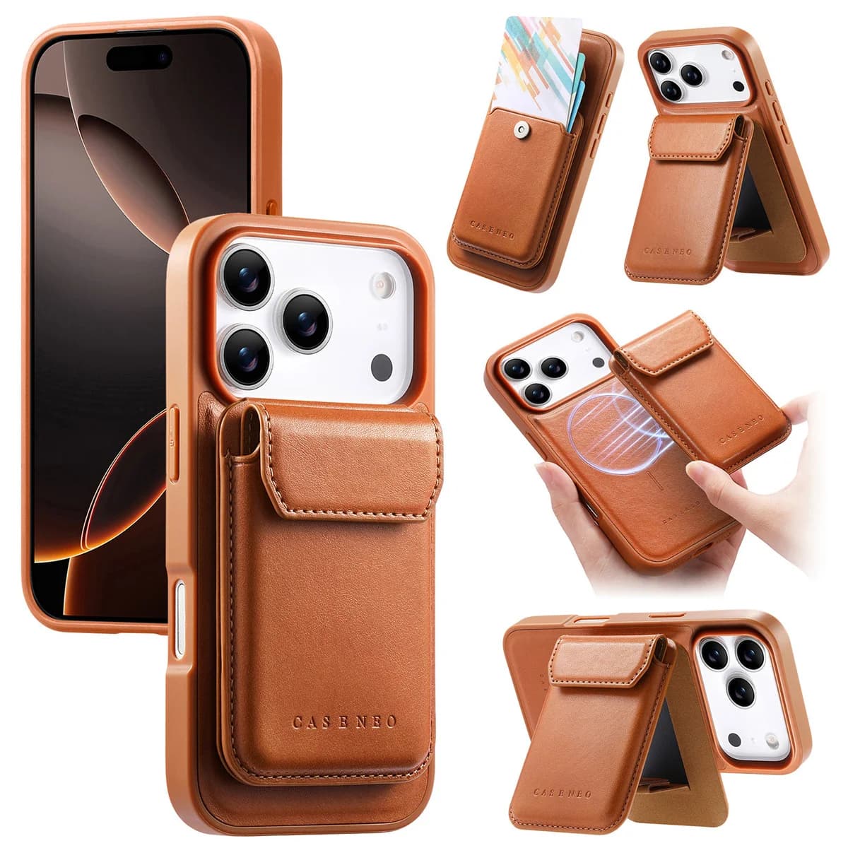 Stackable 2 in 1 Magnetic Leather Wallet Case for iPhone 16E 17 16 15 Plus 14 13 Pro Max with Card Slot