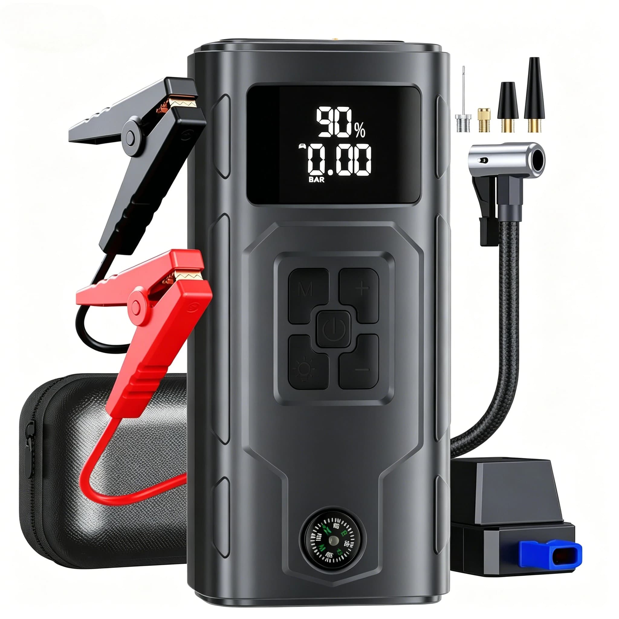 Avviatore di Emergenza 4-in-1 per Auto con Compressore d'Aria e Bussola di Navigazione, Booster per Batteria Auto, Gonfiatore Pneumatici 150PSI, Power Bank Portatile