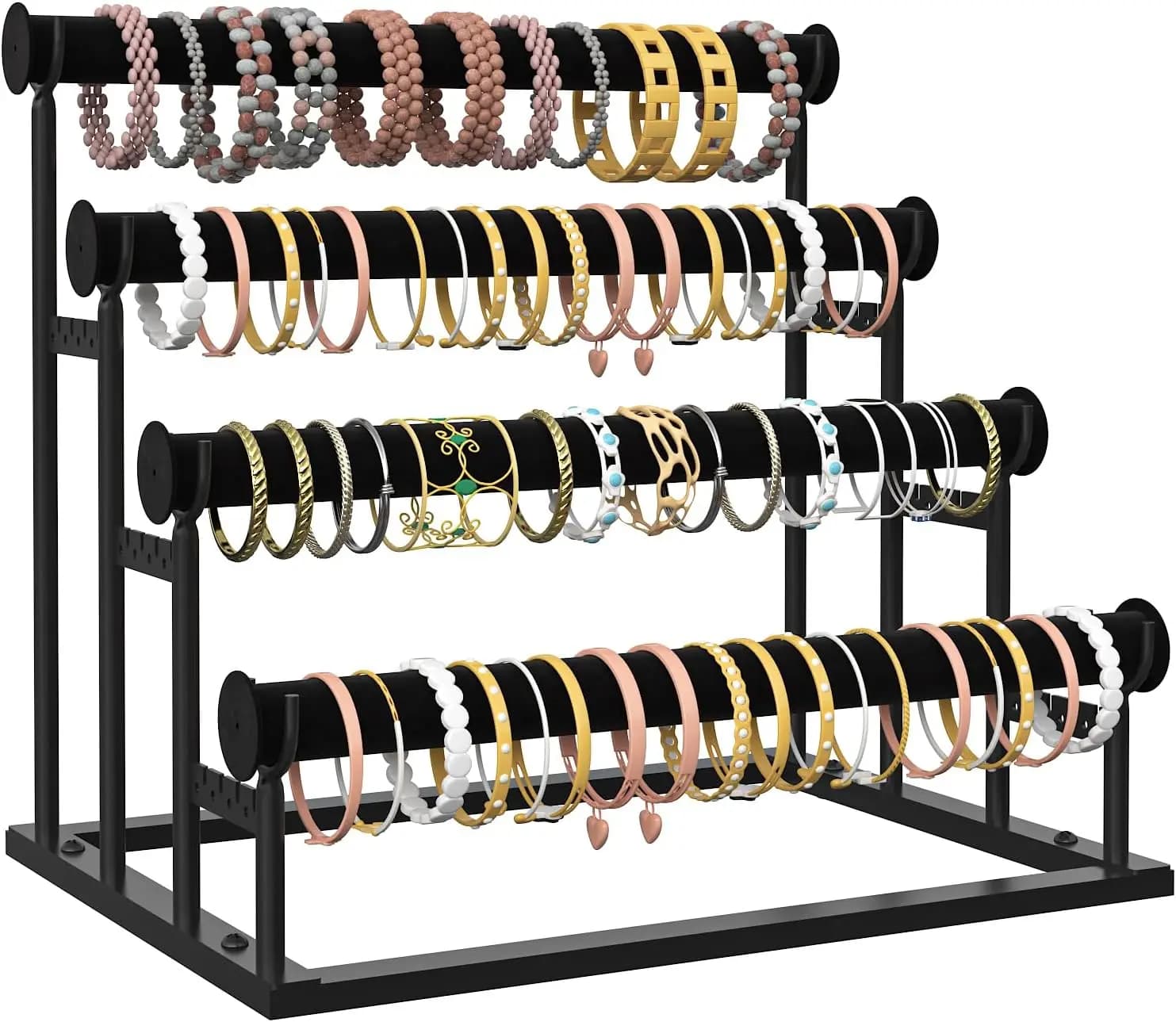 LUNEVA Store ORLESS 4 Tier Bracelet Holder, Detachable Velvet Jewelry Display Stand, T-Bar Necklace Storage Organizer Display Stand, Metal Bracelet Holder Display for Bangles Watch Bracelets Scrunchies(Black)