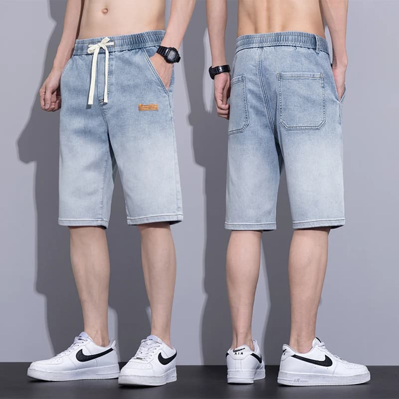 Men's Wide Shorts Summer Blue Elastic Shorts Straight Leg Jeans Casual Versatile Fashion Style Classic Male