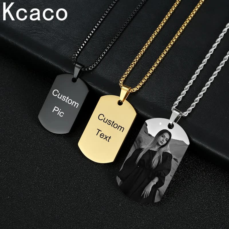 Necklace with custom rectangular pendant with engraved stainless steel text 304 36/40/50mm with laser engraving twist/chain tag