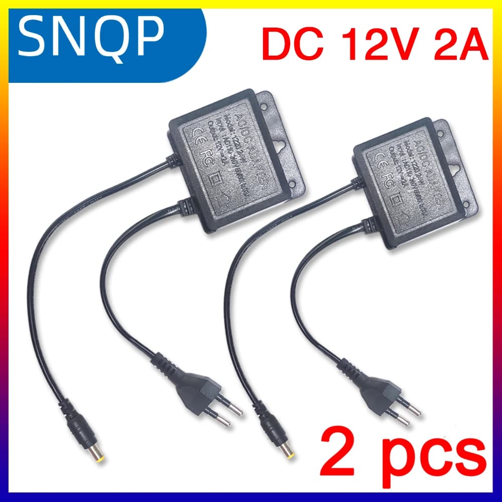 2 Pezzi Adattatore di Alimentazione DC12V 2A con Spina EU Impermeabile Nero per Telecamere di Sicurezza CCTV AHD, Caricabatterie NVR DVR, Ingresso AC100V-240V