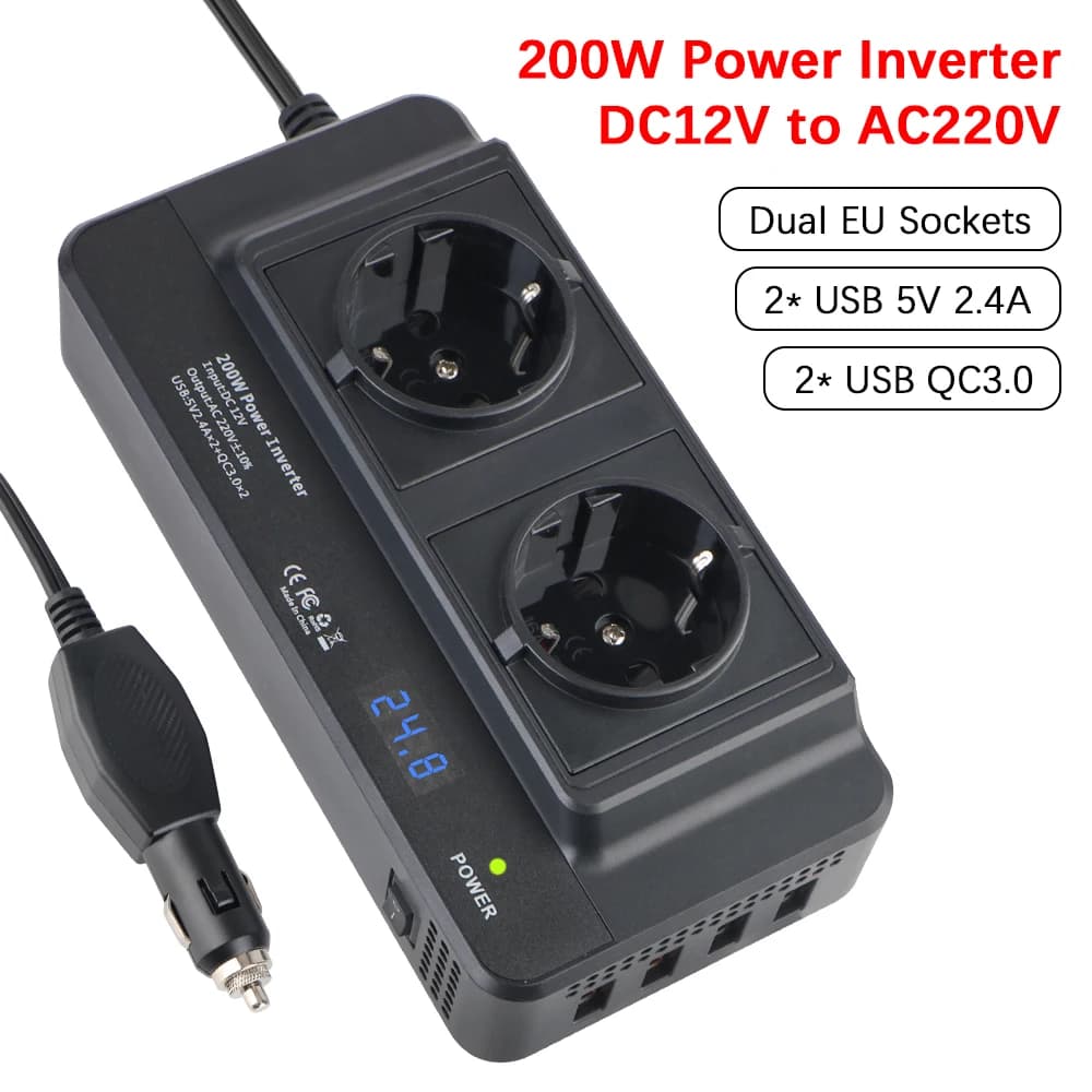 Adapter for cigarette lighter 12V inverter power converter RV socket from DC to AC 220V with voltmeter switch USB charger inverter for car 200W