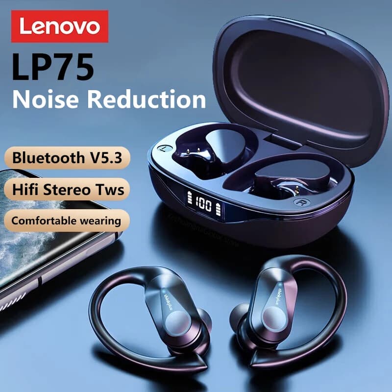 Lenovo LP75 Ture Cuffie senza fili TWS Bluetooth 5.3 Riduzione del rumore Sport Gancio per l'orecchio HiFi Stereo Auricolari da gioco impermeabili