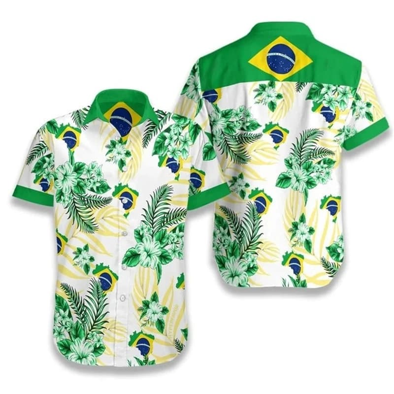 Camicie stampate in 3D con bandiera del Brasile per abiti da uomo Camicetta sportiva con risvolto sportivo Hawaii a maniche corte con grafica dell'emblema nazionale brasiliano casual