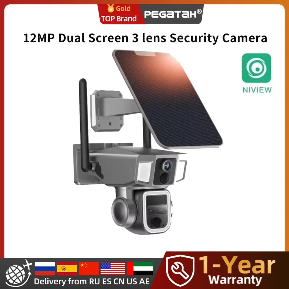 PEGATAH Doppio Schermo 12MP 3 Obiettivo 2in1 4G Telecamera di Sicurezza Solare PTZ Esterna Telecamera WIFI Zoom 10X Doppio PIR Rilevazione Umana CCTV Cam