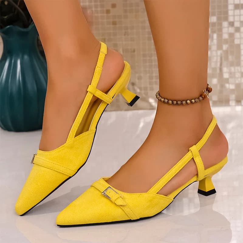 Women's Fashion Yellow High Heel Sandals With Pointed Tip With Decoration Buckle 2025 Slim Heel Sandals with Summer Light Ankle Strap