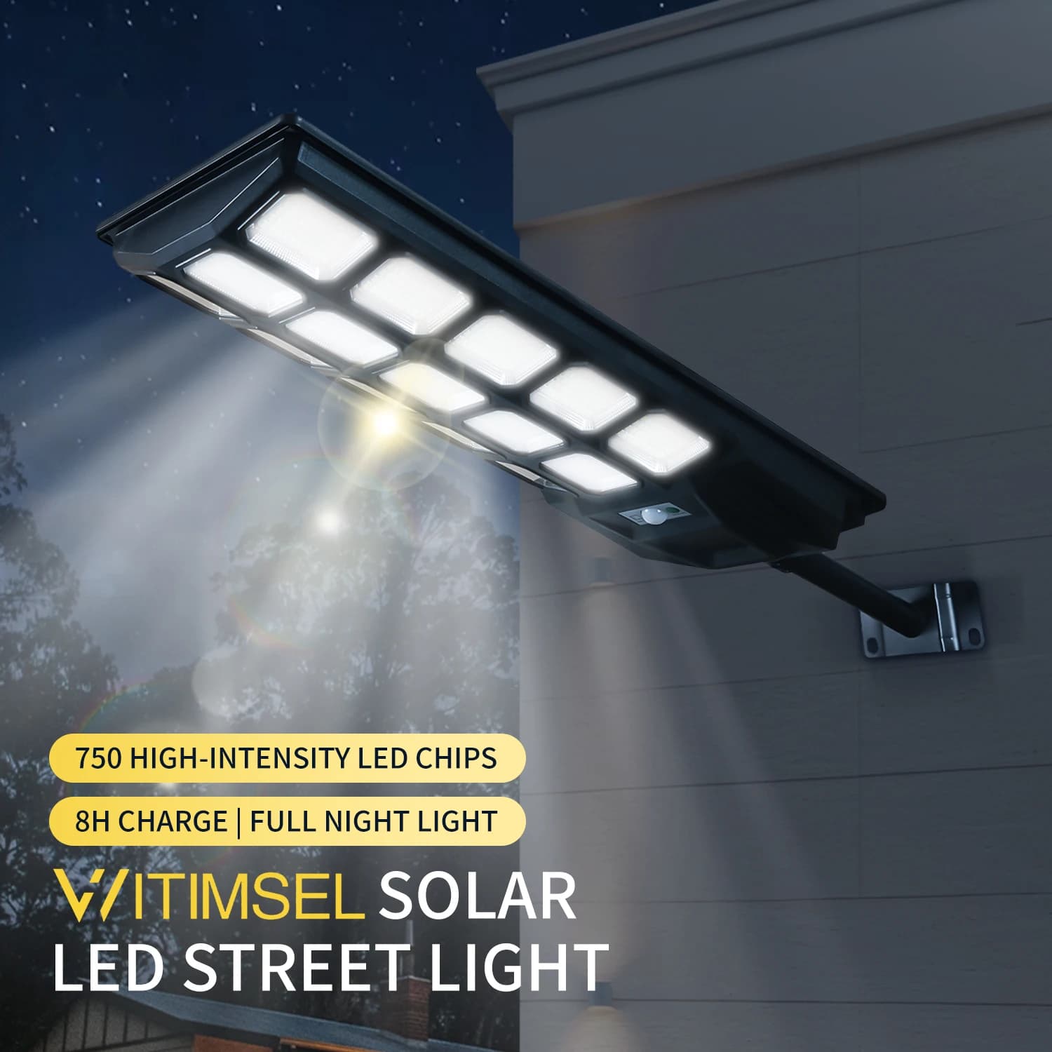 Lampione stradale a LED solare con pannello solare monocristallino 750 ad alta intensità IP66 Sensore di movimento radar intelligente resistente alle intemperie 120 ° Ampio