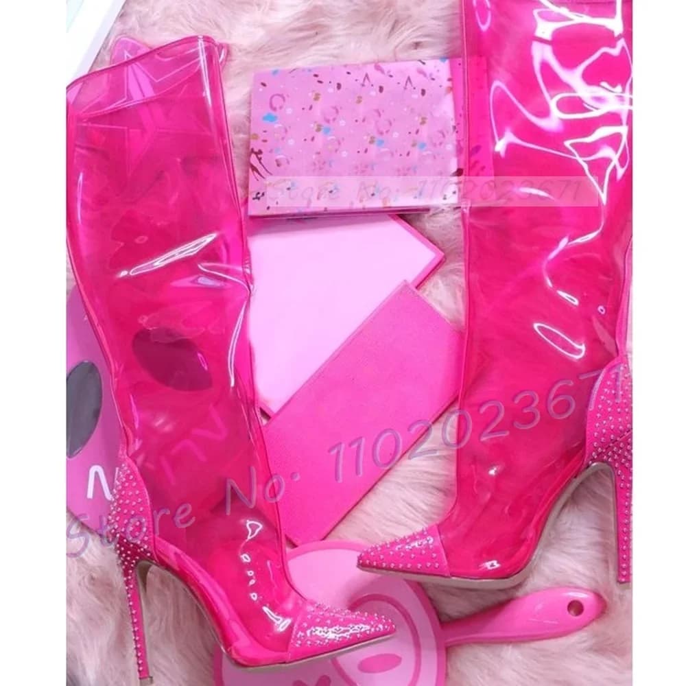 Pink PVC High Knee Boots Women's Leather Crystal Patchwork Toe High Heels Women's Shoes Punk Spring Party Long Boots with Side Hinge