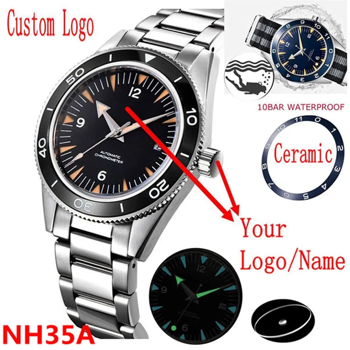 Custom Logo NH35 Movement Watch 10 Bar Man 41mm Sapphire Ceramic Bezel Mechanical Watch Men Diver Sport Watch Automatic Wrist Watch