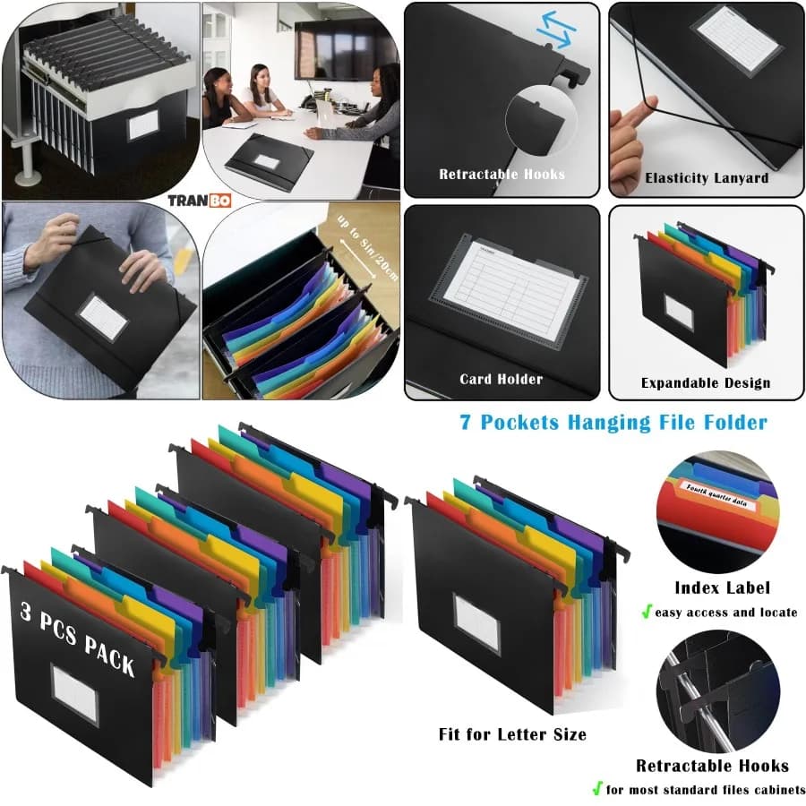 Cartella portadocumenti sospesa a 7 tasche con ganci retrattili per archivio Organizzatore di file a fisarmonica espandibile in formato lettera con El