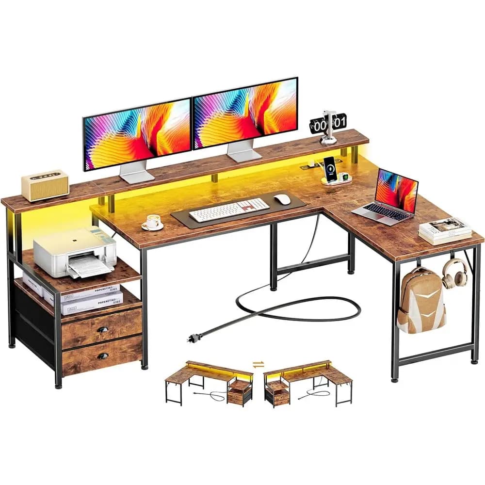 L 66-shaped computer desk with power outlet, LED lights, storage shelves and monitor support in rustic brown