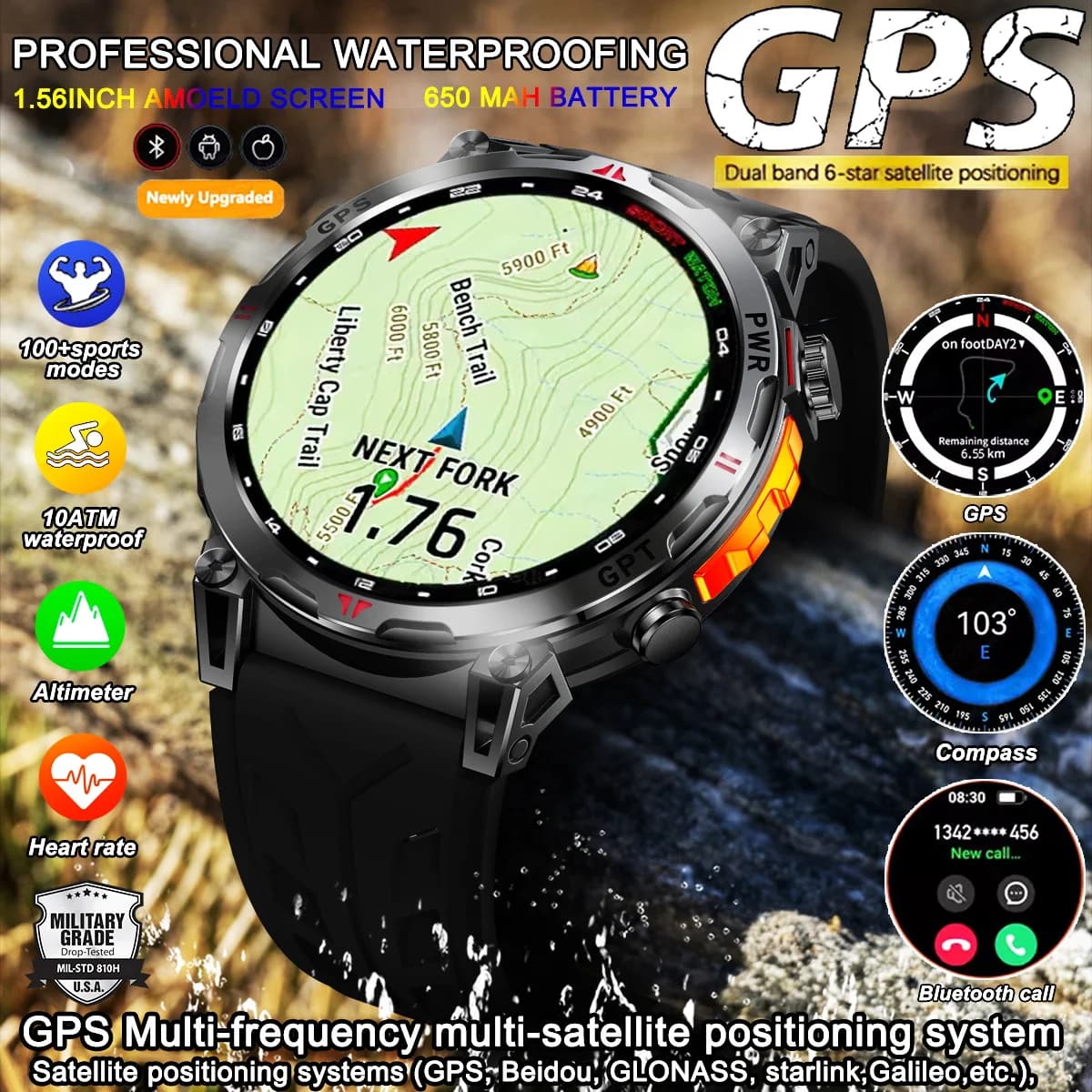 2025 New GPS integrated Sport Smart Watch 650mah 10ATM Battery Waterproof Outdoor RIDE Swim GPS Fitness Trackr Smart call watch