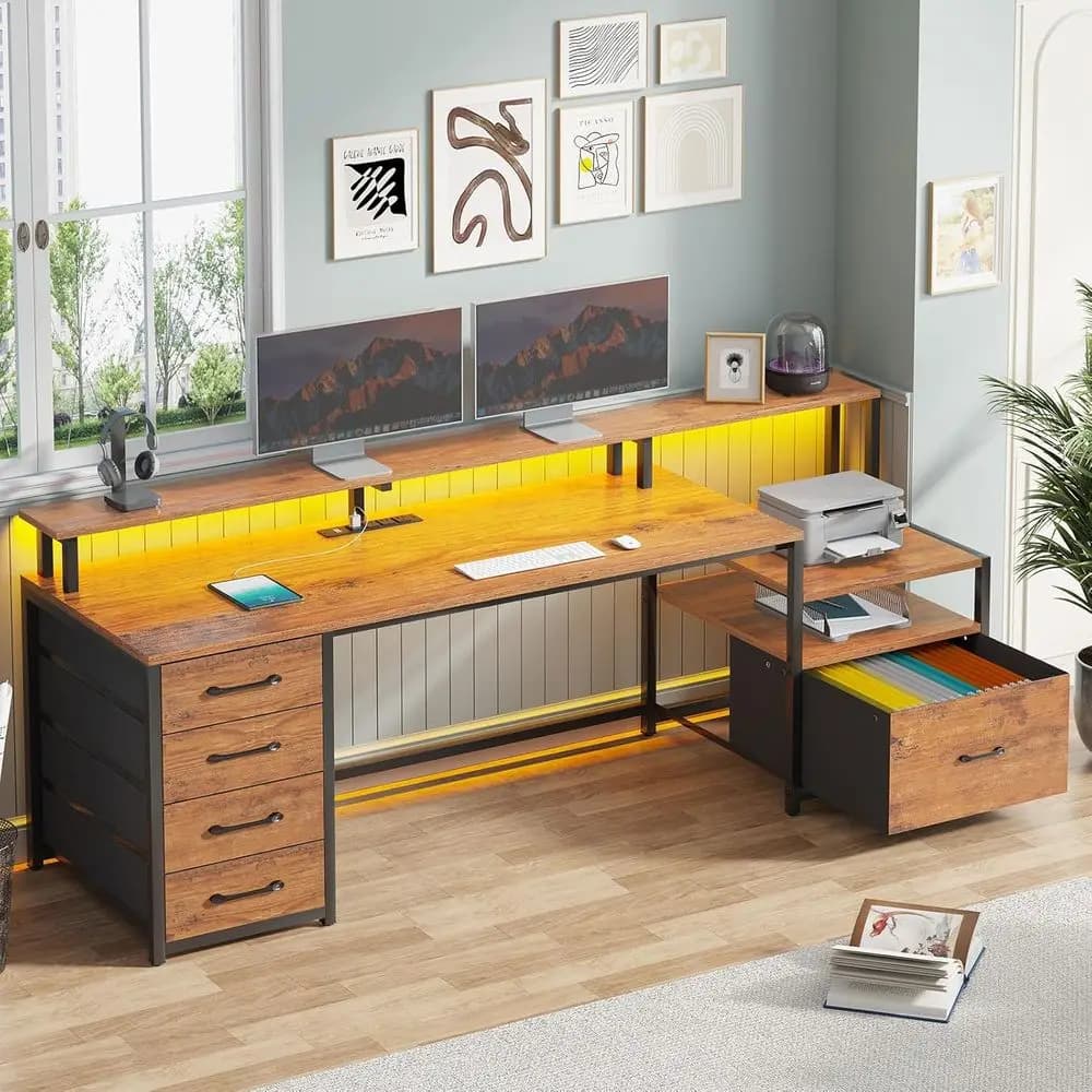 Desk Directional 66 with Drawer, Current Clamp, Storage Space, Support for Printer and shelf for Monitor in Rustic Brown