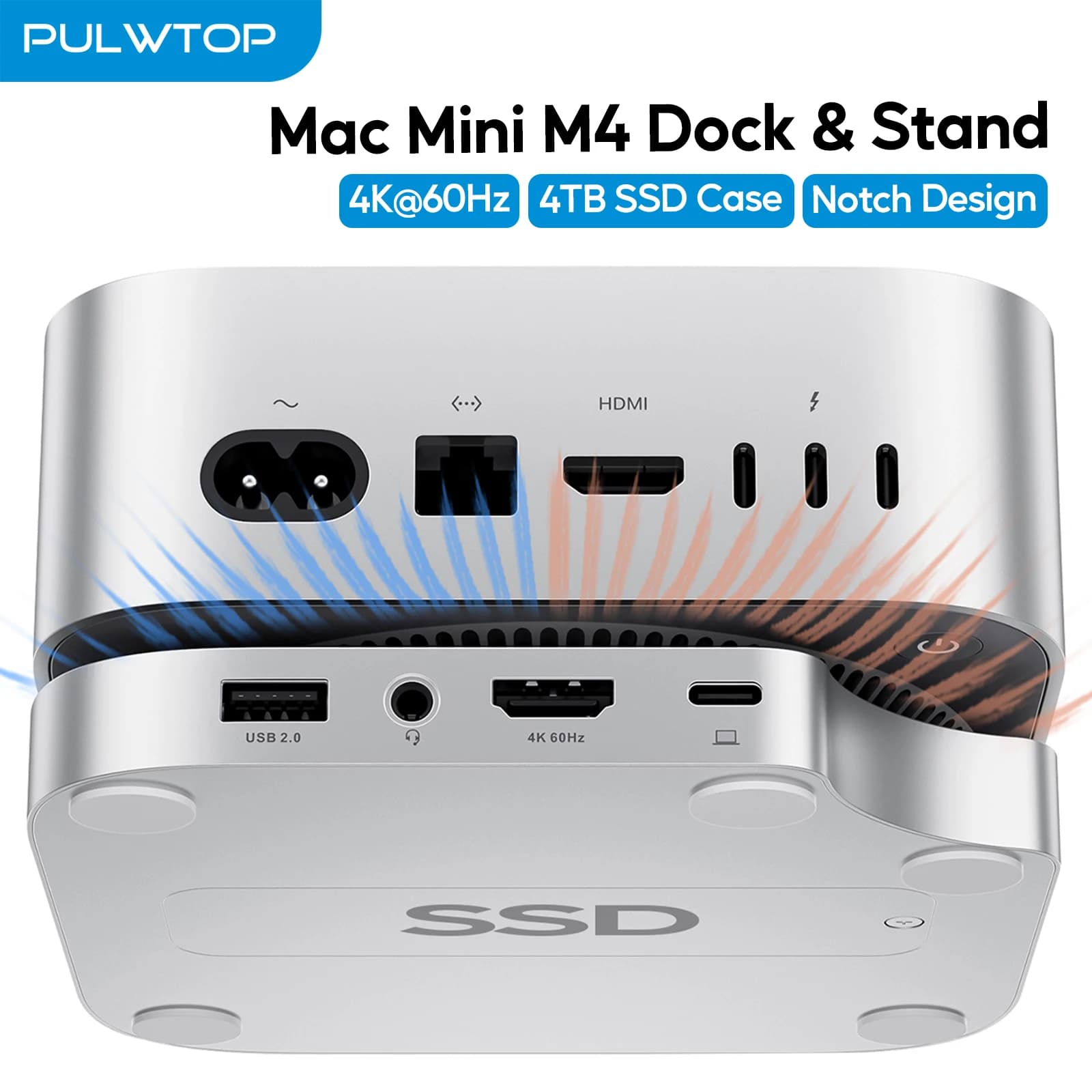 Hub PULWTOP Mac Mini M4 with SSD M.2 (NON included), with HDMI 4K 60Hz, USB C hub accessories for Mac Mini 2024 M4 Pro