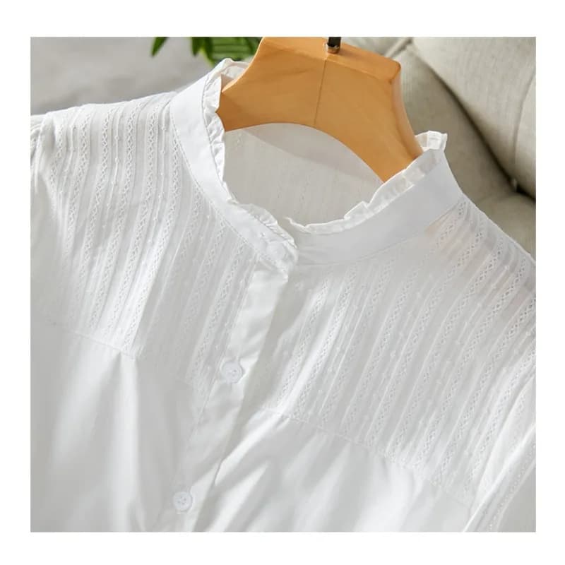 French retro white blouse: oversize women's shirt with floral jacquard heel collar, high-stretch breathable Korean style upper