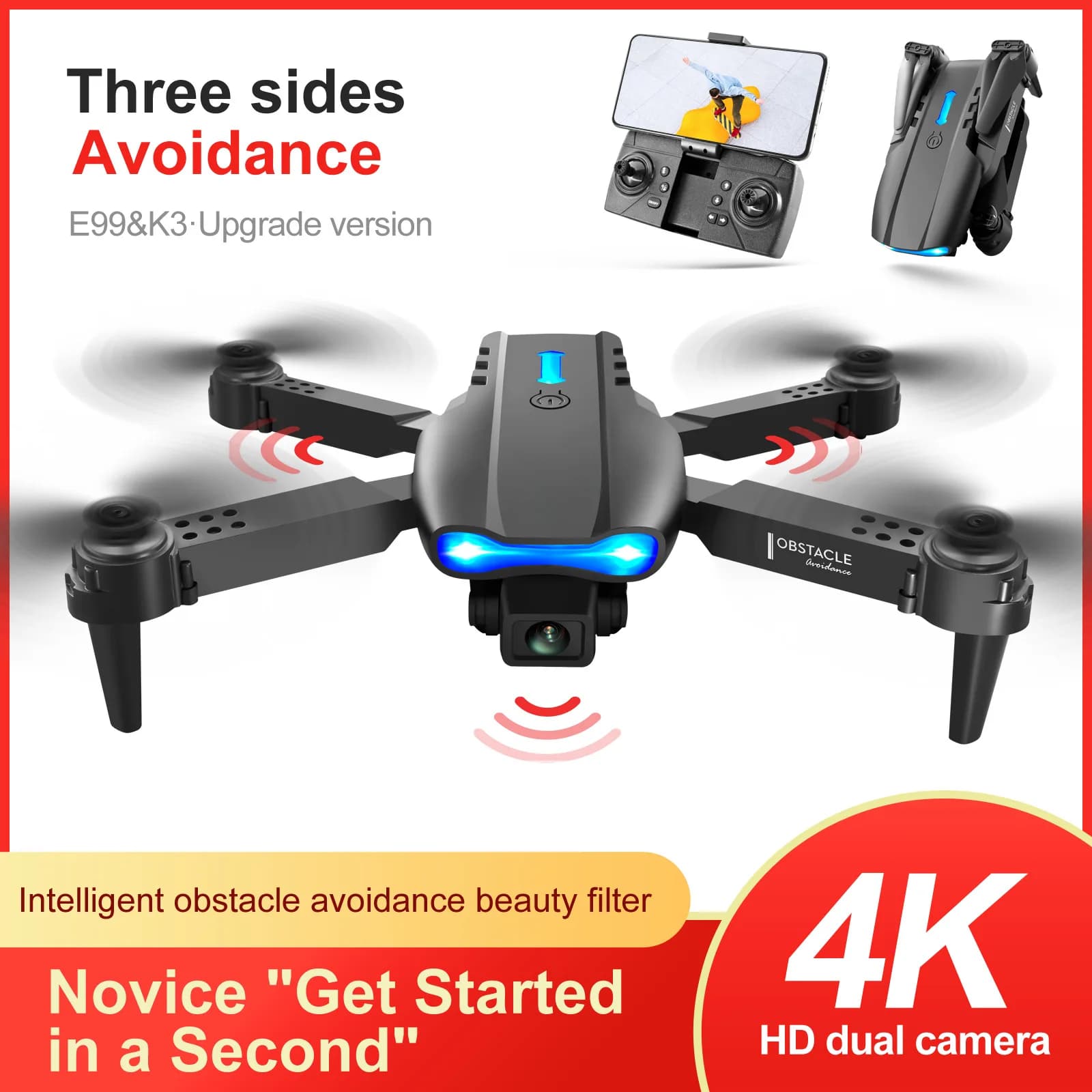 Drone Pieghevole Mini con Fissaggio dell'Altitudine, Quadricottero con Telecomando, Aeromobile a Quattro Assi con Fotocamera HD 4K/NO, UAV