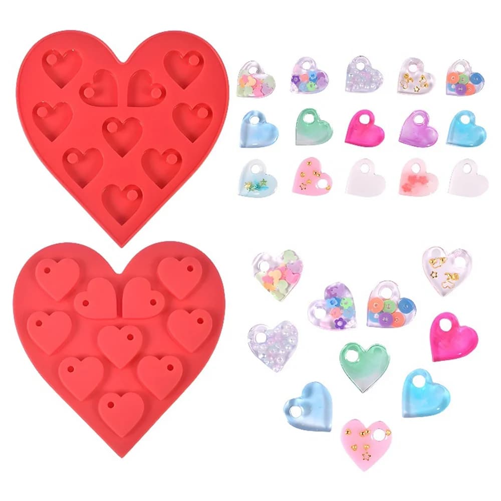 Stampo per colata in silicone con resina epossidica con ciondolo a forma di cuore con foro per orecchini fai da te, portachiavi, creazione di gioielli, materiale al cioccolato