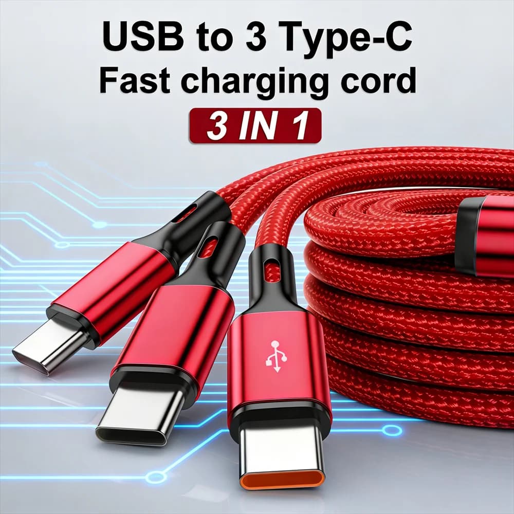 Quick charging cable 3 in 1 from USB A to 3 ports Type-C 100W 6A, multi-port fast charging cable for Samsung S24 Xiaomi Huawei mobile phones