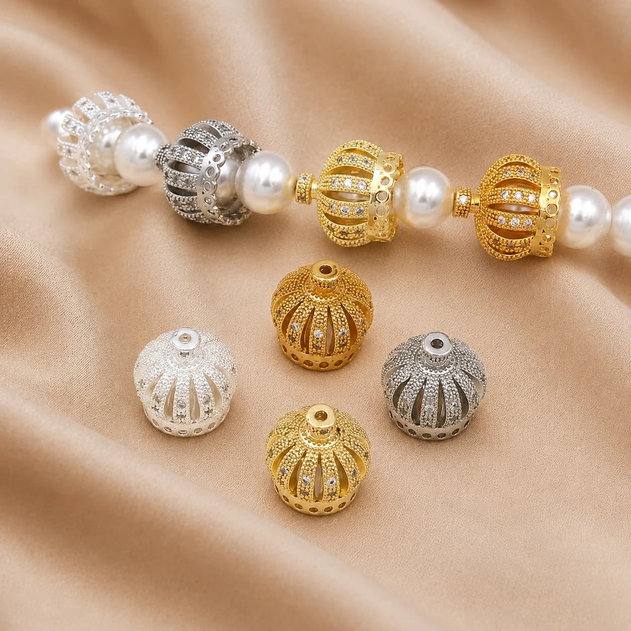 2pcs 18K Gold Plated Brass with Zircon Crown Beads Caps For Bracelets,Tassel Bead Cap For DIY Earrings Jewelry Making