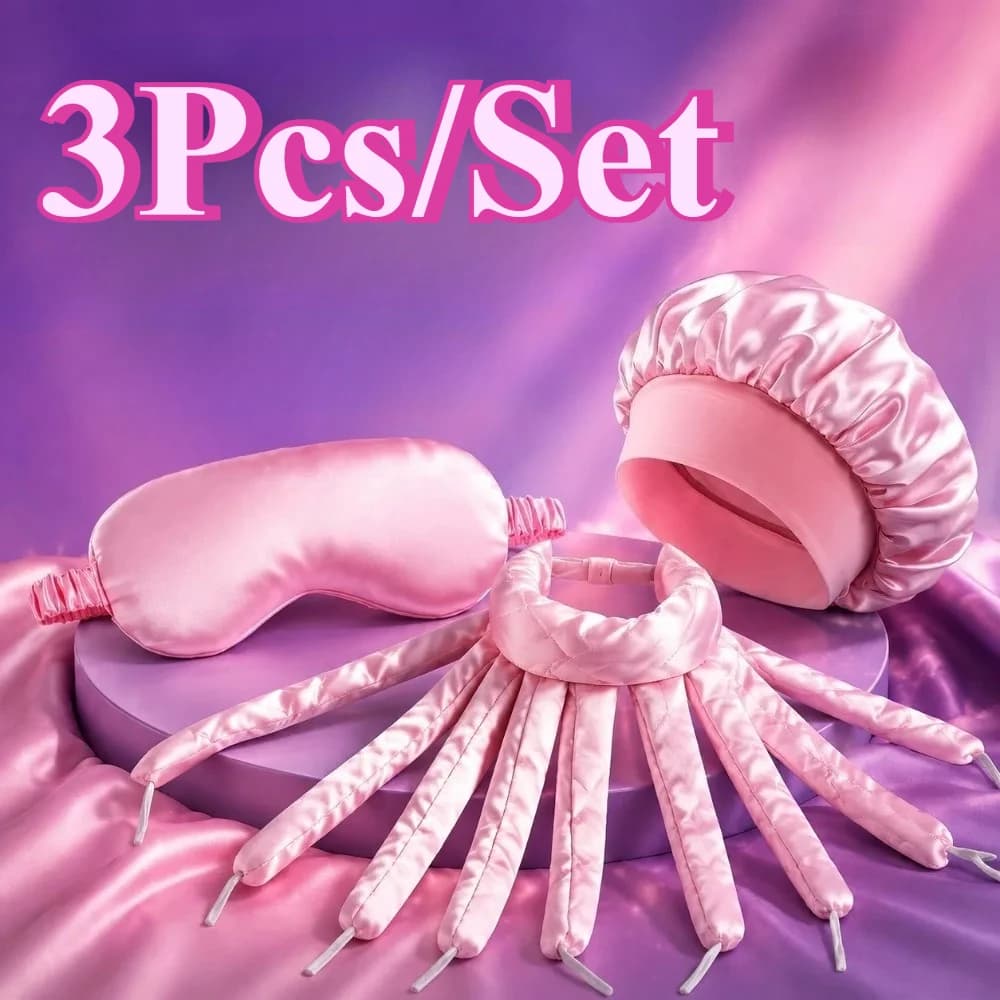 Set di 3 Arricciacapelli Senza Calore, Cuffia in Raso per Dormire, Maschera Occhi in Seta, Kit per Onde Naturali Senza Calore per Capelli Lunghi Stile Coreano