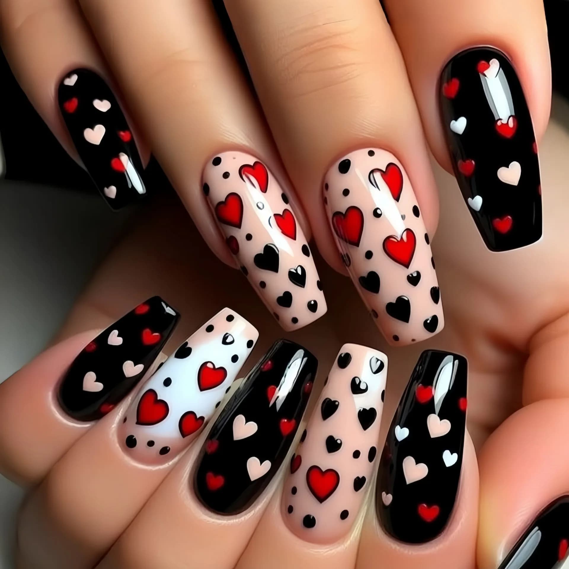 Unghie finte medio lunghe per donne ragazze rosa rosso nero carino cuore punte di balletto quadrate per San Valentino stampa su unghie finte