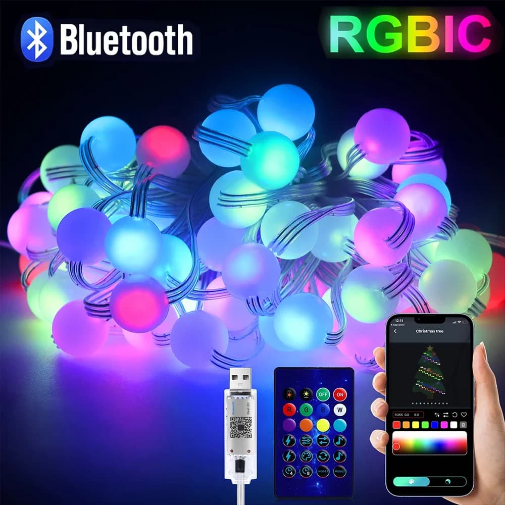 USB Bluetooth RGBIC Fata Luce 10M 50LED Stringa di luce natalizia con telecomando APP Decorazione ghirlanda per albero di Natale