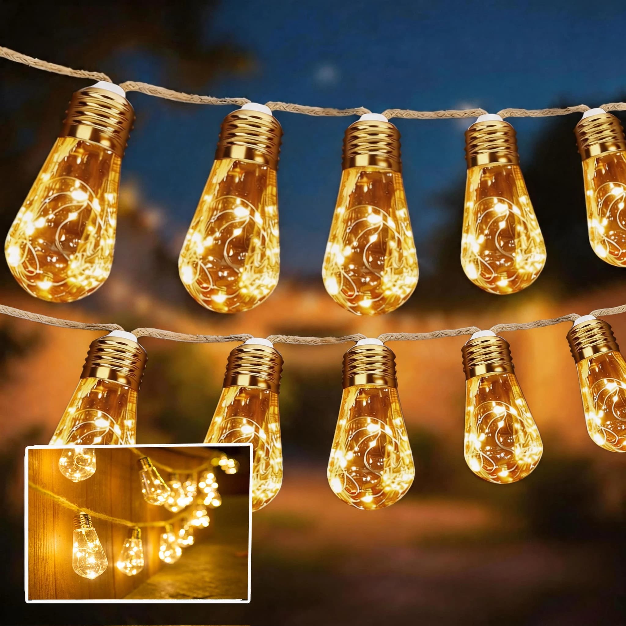 Luci Solari da Esterno a Corda, Striscia Luminosa Retrò in Corda di Canapa per Cortile, Stagione delle Lauree, IPX4
