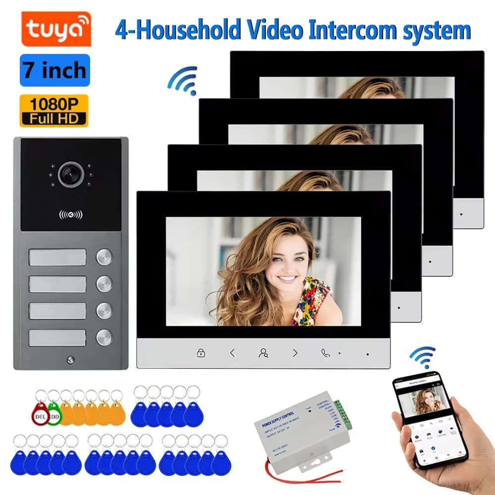 Videocitofono HD Tuya WiFi a 4 fili con schermo da 7 pollici, sistema di interfono con sblocco tramite APP e RFID per appartamenti residenziali da 2/3/4 unità