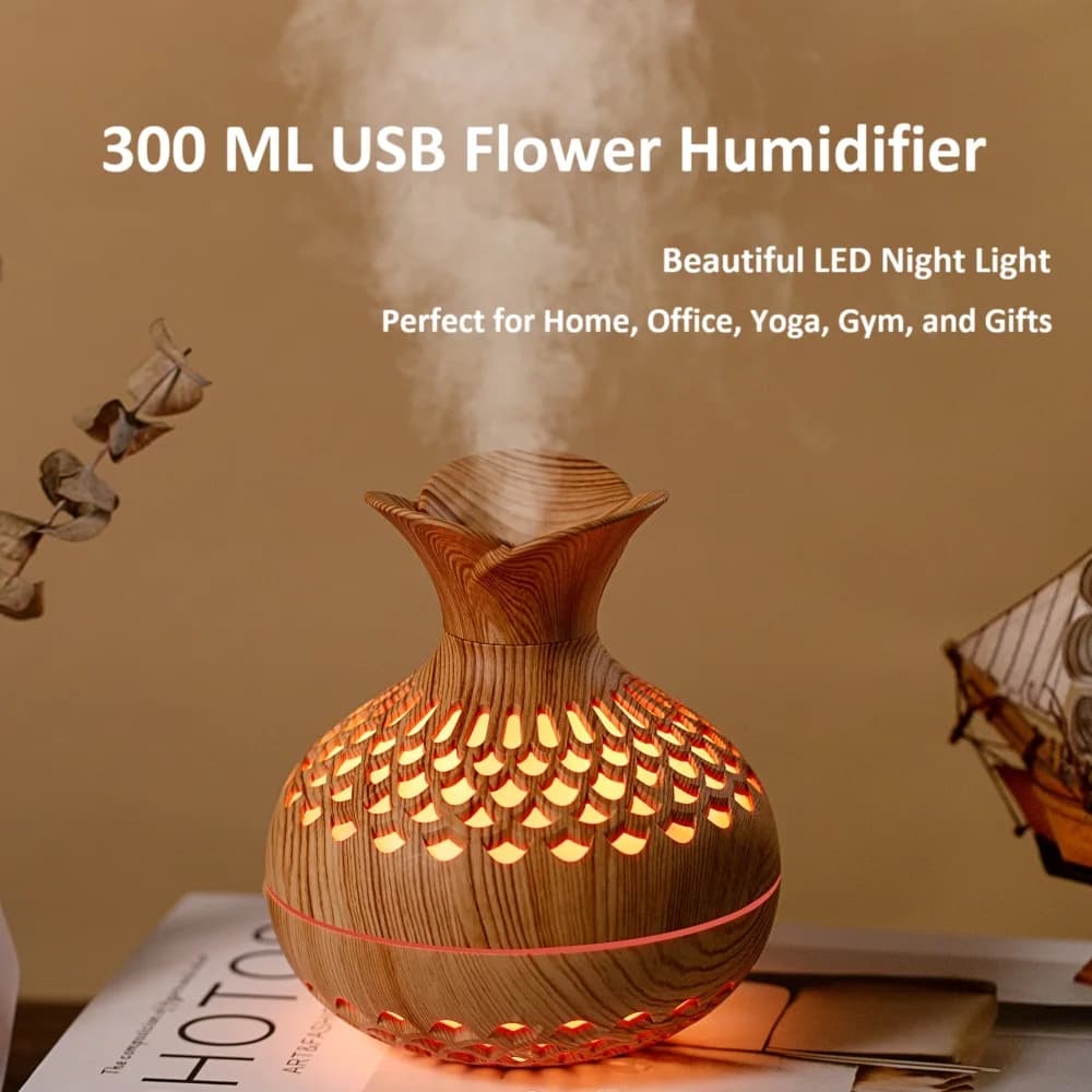 300ML Grano di Legno USB Fiore Umidificatore Silenzioso Aromaterapia USB Diffusore di Aroma Mini Fiore Umidificatore con Luce Colorata